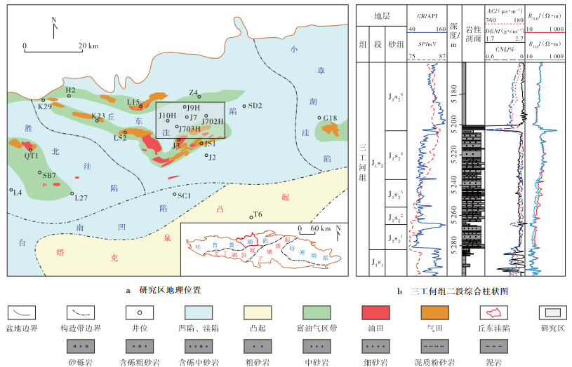研究区地理位置及三工河组二段地层综合柱状图